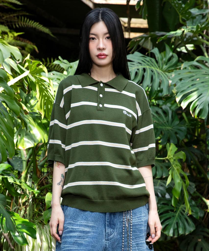 GLACK Gnt016 Mobster Striped Collar Knit (Olive)