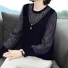 Women's Spring and Autumn Four Seasons Models Thin Section Round Neck Solid Colour Long-sleeved Loose Pullover Lace Bottoming Blouse