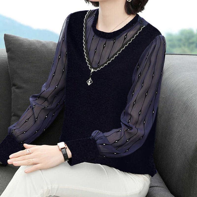 Women's Spring and Autumn Four Seasons Models Thin Section Round Neck Solid Colour Long-sleeved Loose Pullover Lace Bottoming Blouse