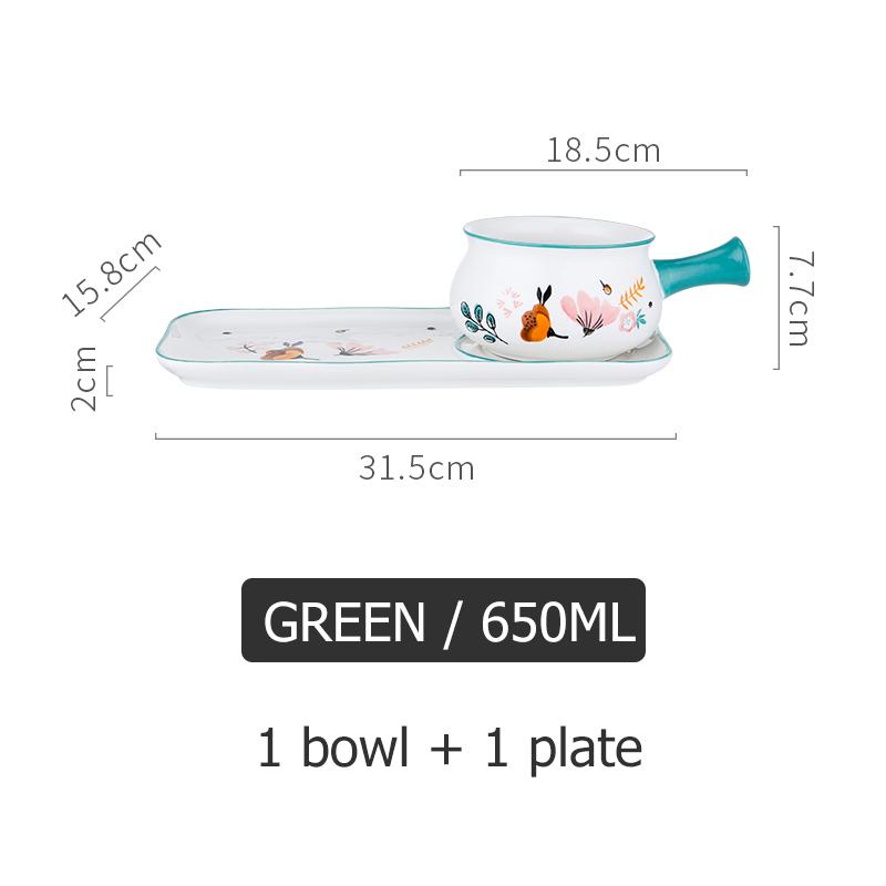 Керамическая салатница с цветочным узором, прямоугольная тарелка, миска для выпечки пасты, столовые приборы для завтрака (1 миска с ручкой + 1 обеденная тарелка)