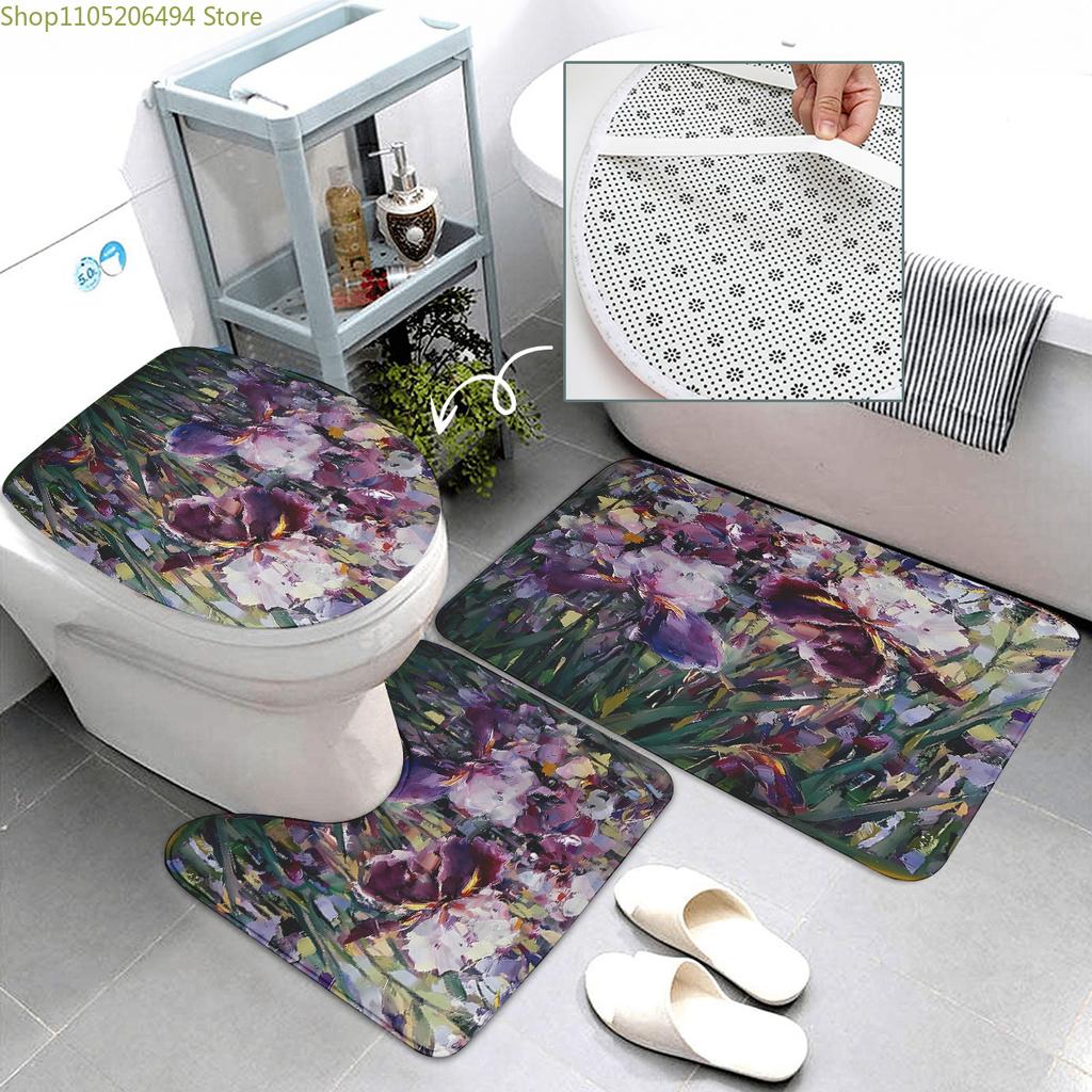Набор для ванной из 1/3/4 предметов с ярким узором цветка ириса, оживленный цветочный дизайн в насыщенных фиолетовых и белых тонах, с акцентом на