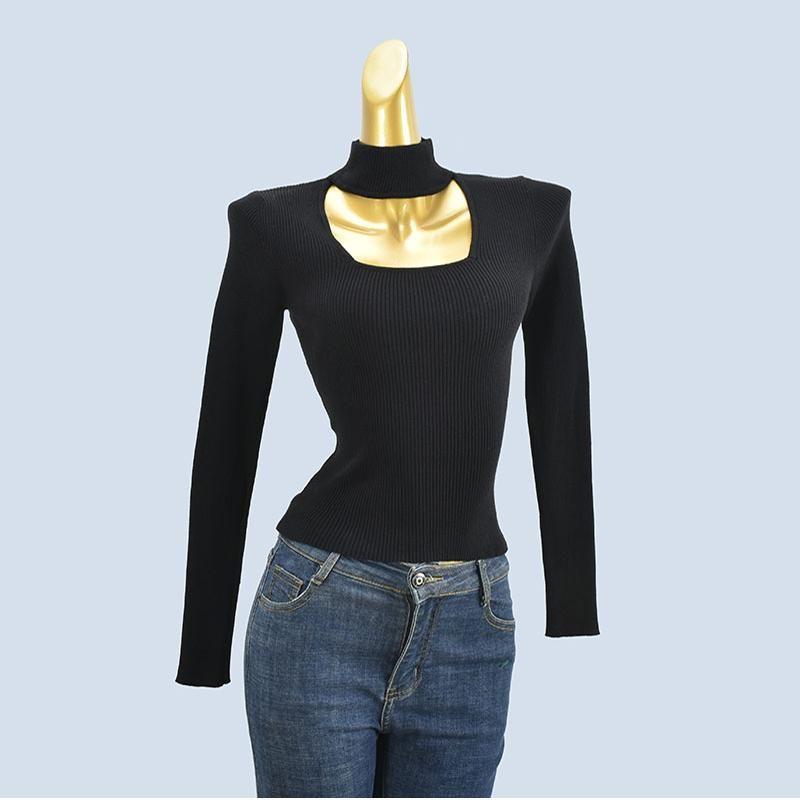 Orders Halterneck Long-Sleeved Cut Out Half Turtleneck Bottoming Shirt Women's Autumn and Winter Sexy Inner Wear Western Style Unique Chic Tops