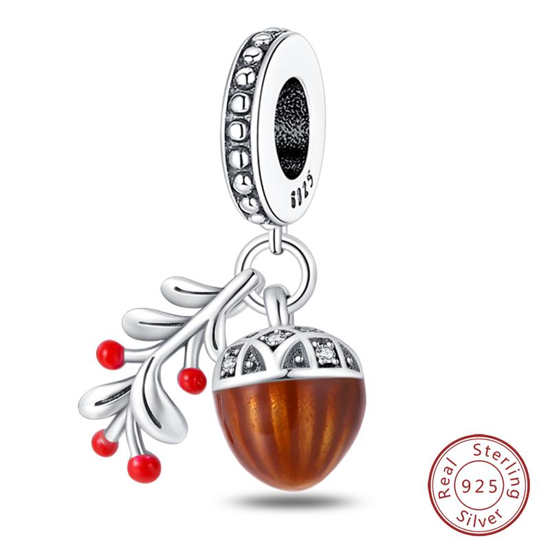 100% 925 Silver Autumn Harvest Series Brown Music Squirrel Scarecrow Pumpkin Maple Leaves Charms Beads DIY Jewelry Gift