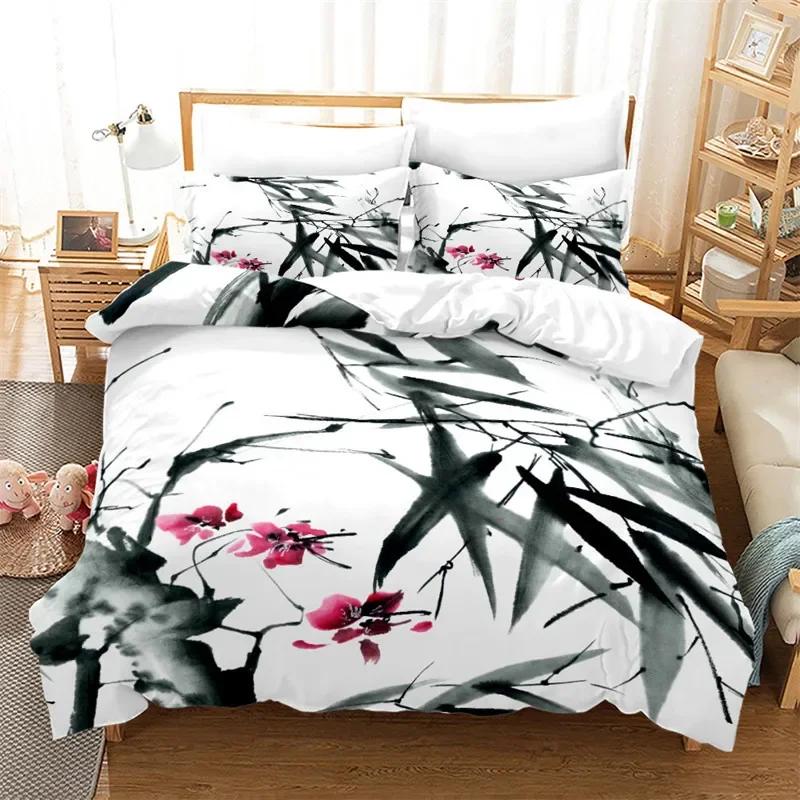 Ink Painting Duvet Cover Japanese Style Mount Fuji Comforter Cover Red Cherry Blossoms Print Bedding Set For Adults Teens Girls