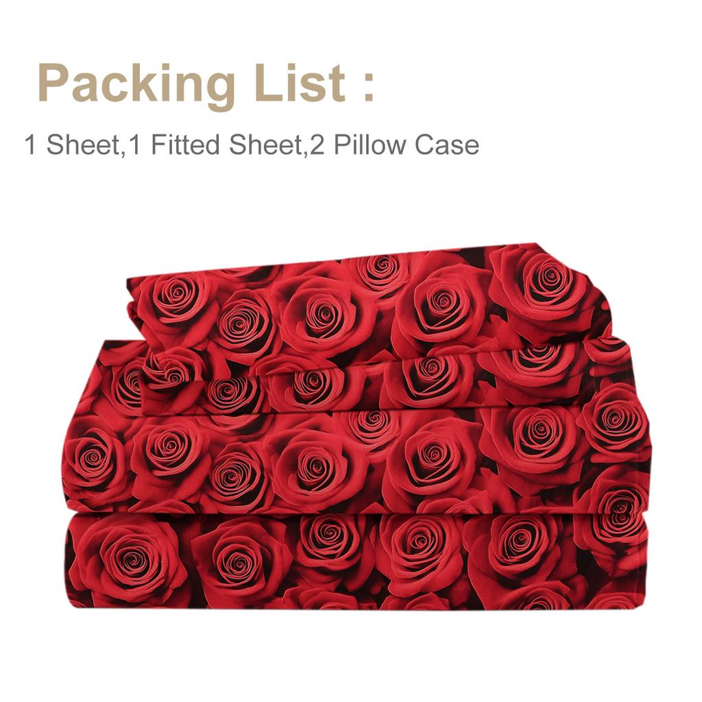 4-Piece Bed Sheet Set Of Full Rose, Including 1 Flat Bed Sheet, 1 Extra-Large Bed Sheet, 2 Pillowcases (Romantic, Anniversary)