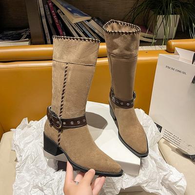 Мода 2025 Осень/Зима Новые Ретро Ботильоны на Блочном Каблуке с Острым Носком до Середины Голенища Модные Сапоги
