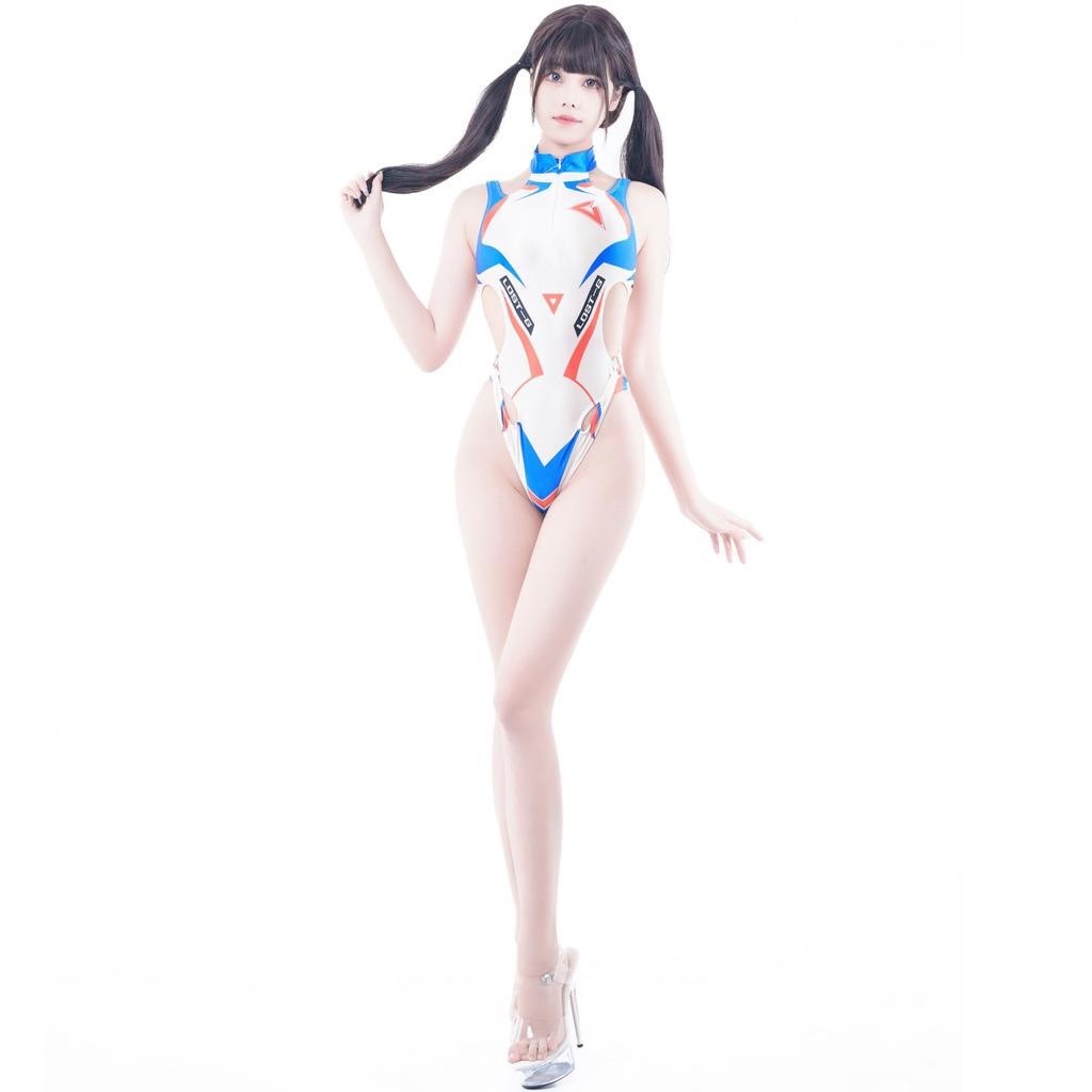 Сексуальный блестящий купальник с высокими ножками, простой костюм королевы гонок RQ, косплей, взрослый купальник, косплей, маскировка [LOST-G] для женщин (БЕЛО-ОРАНЖЕВЫЙ, М)
