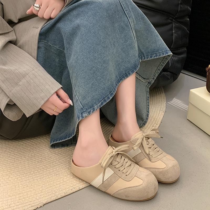 Весенние туфли-балетки для женщин, новый стиль, круглый носок, глубокий вырез, комбинированные, на шнуровке, мягкая подошва, нескользящие, на плоской подошве