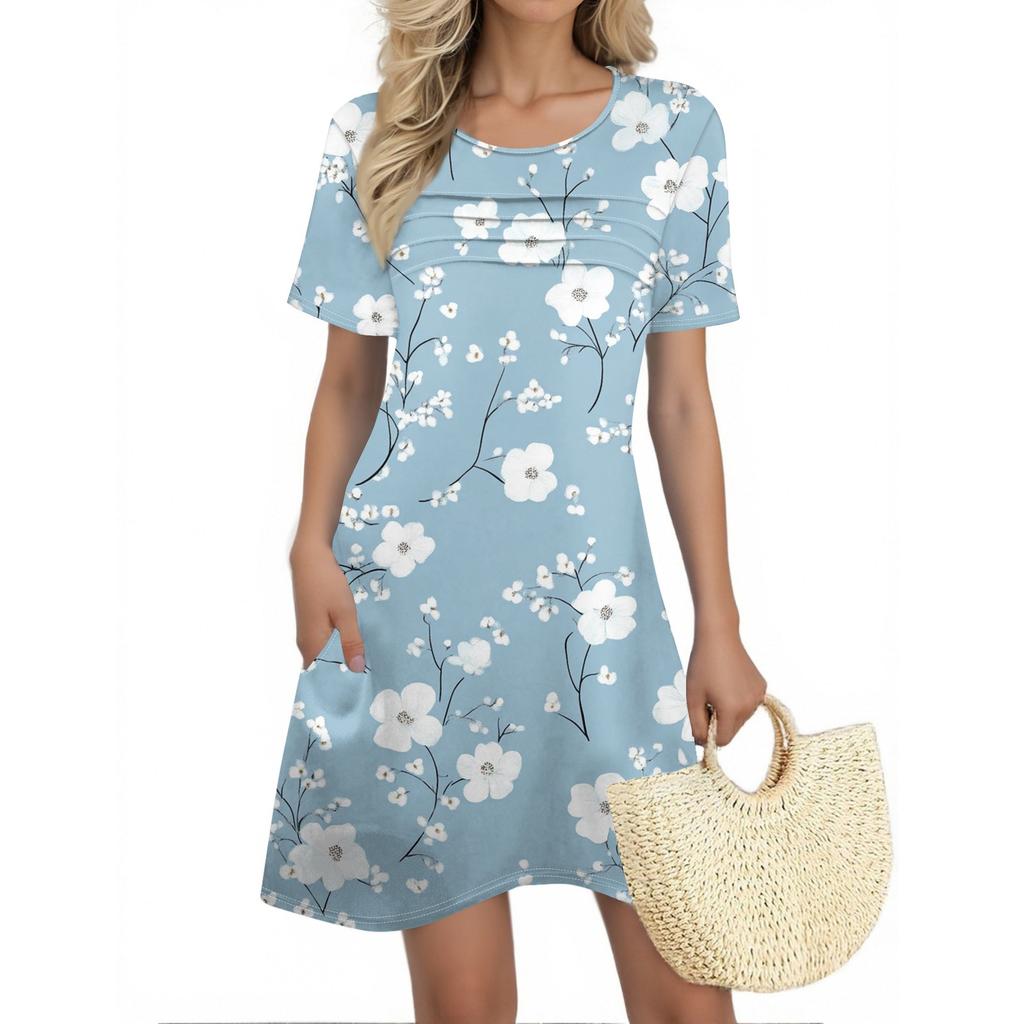 Женские летние платья Женские летние платья с цветочным принтом Повседневные платья с коротким рукавом и круглыми карманами