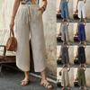 New Cotton and Linen Drawstring Cropped Pants with Pockets for Women, Loose Fit
