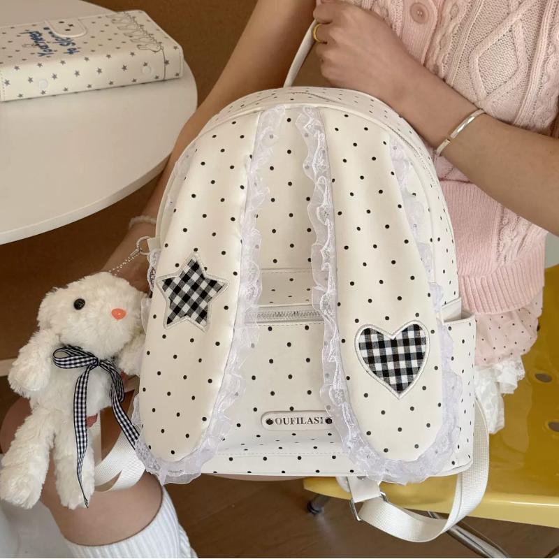 Креативный Милый Рюкзак с Ушками Зайца Модный Рюкзак с Декором из Кружева в Горошек Японская Девочка Лолита Преппи Легкая Нейлоновая Сумка