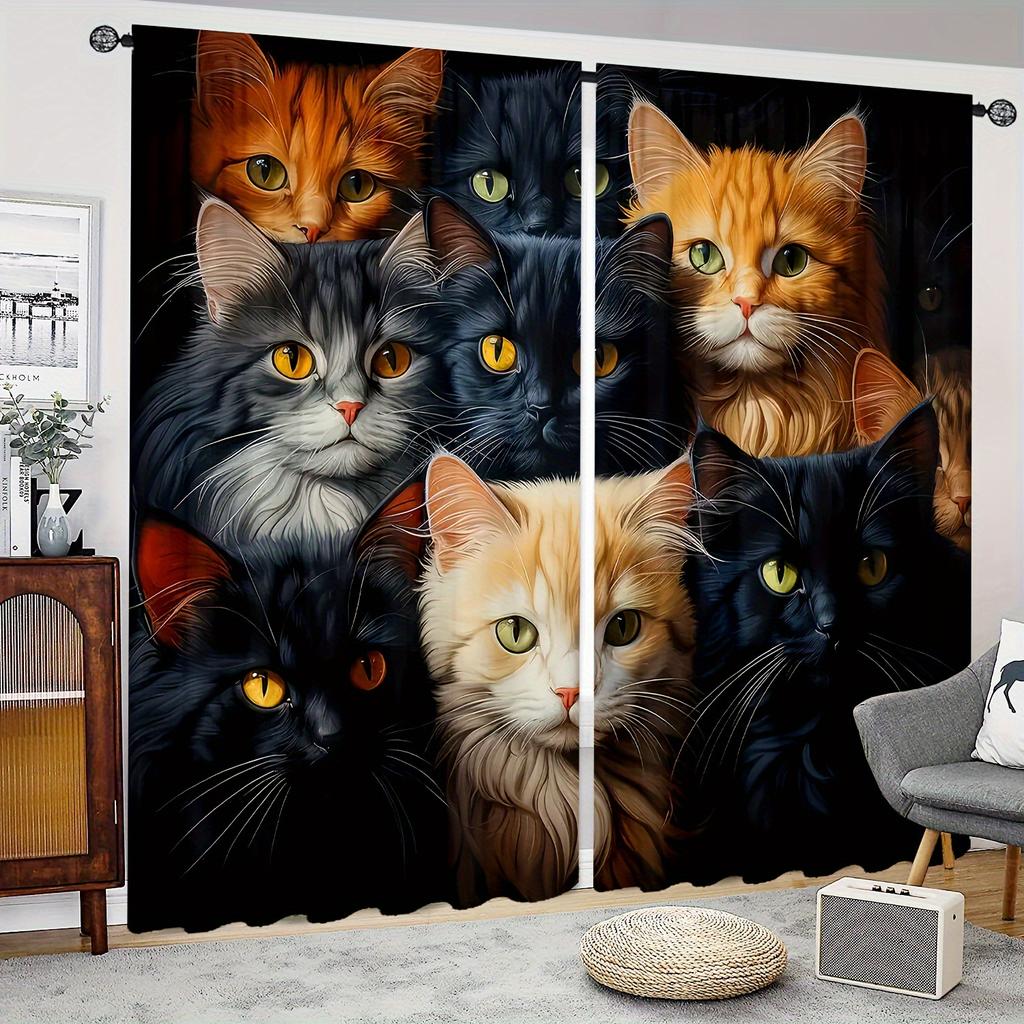2pcs Rustic Animal Cat Print Semi Blackout Curtains Fashionable Curtains For Bedroom Office Kitchen Living Room Study Room Home