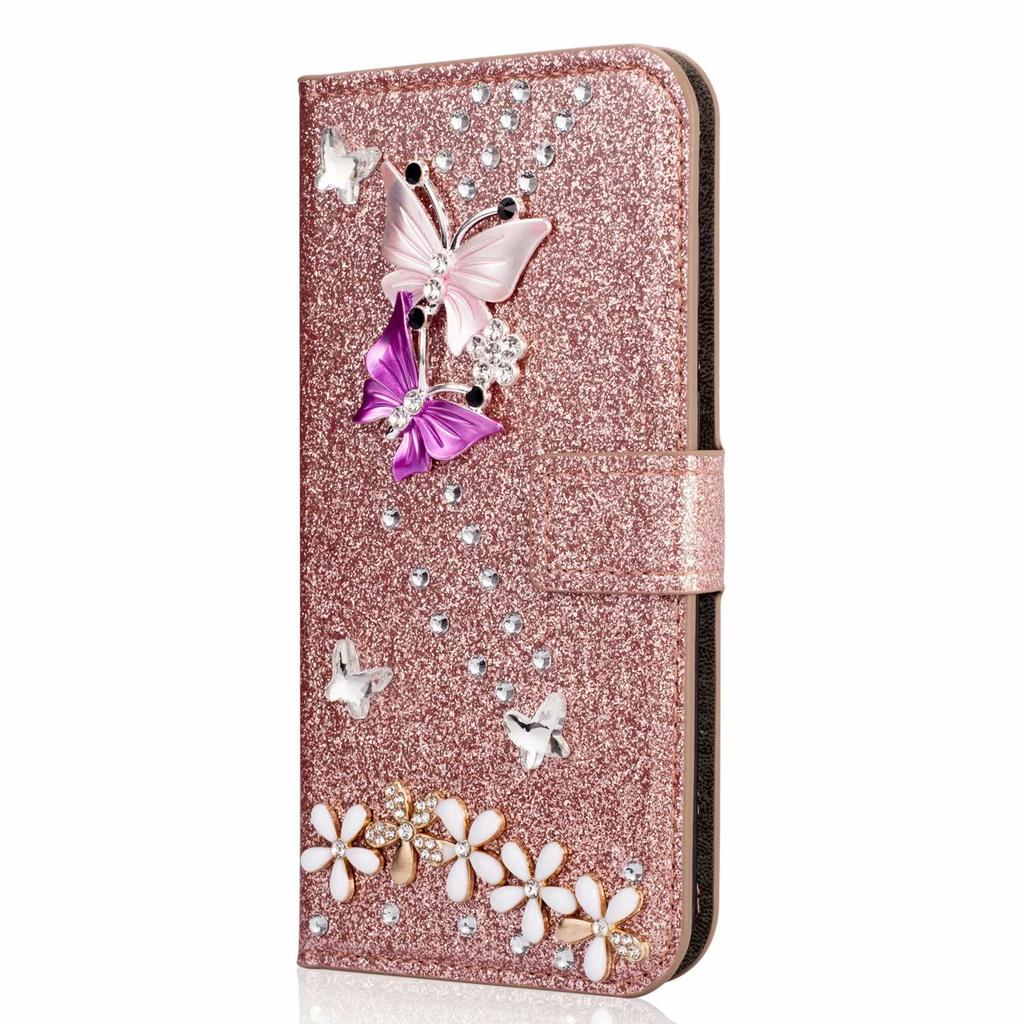 Applicable to iPhone17ProMax colorful butterfly diamond mobile phone case Apple 16 leather case glitter butterfly point diamond protective case