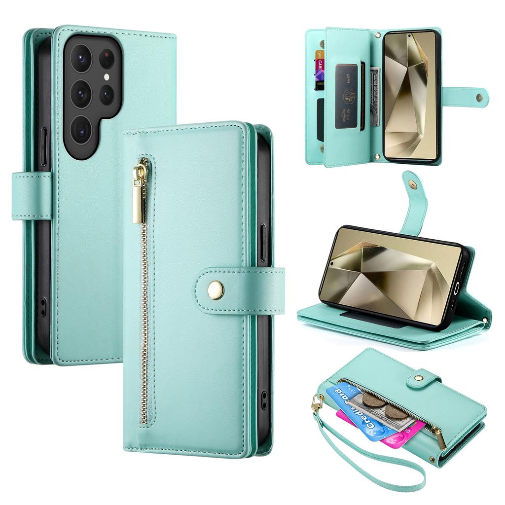 Для Samsung Galaxy S25 Ultra Чехол Кошелек с карманом на молнии Кожаный чехол для телефона с ремешками