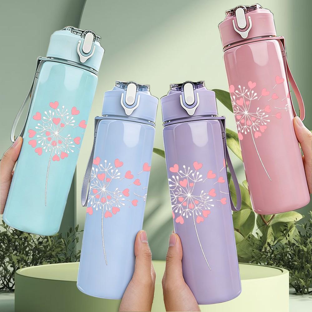 1PC Floating Pink Dandelion Seed Print 750ml Color Plastic Sports Water Bottle Leakproof Flip Straw Lid Suitable for Sports Office Home Use