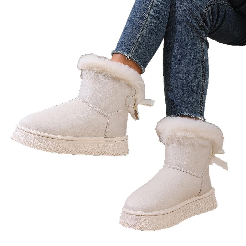 Флисовые и утепленные зимние ботинки с одним педальным механизмом 2025 зима новые толстоподошвенные пушистые с бантом теплые хлопковые ботинки большого размера