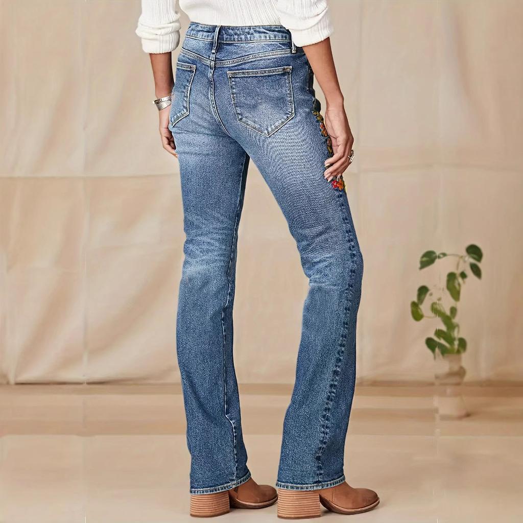 Винтажные джинсовые брюки с вышивкой цветов, женские, осенние, с высокой посадкой, свободные, женские джинсы для уличной моды