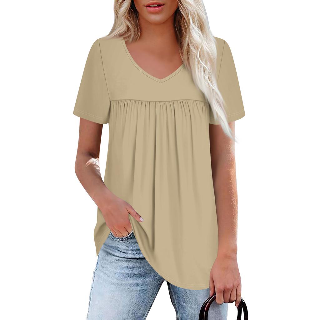 Women's Casual V-Neck Short Sleeve Chest Ruffle Solid Color Top