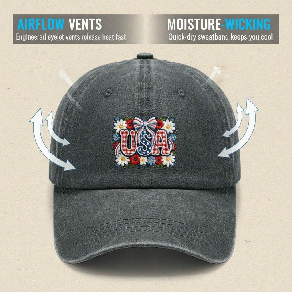 [Vintage USA Baseball Cap] Adult Unisex "USA" Floral Print Adjustable Sun Cap Breathable Curved Brim Streetwear Baseball Hat For Patriotic Holidays &