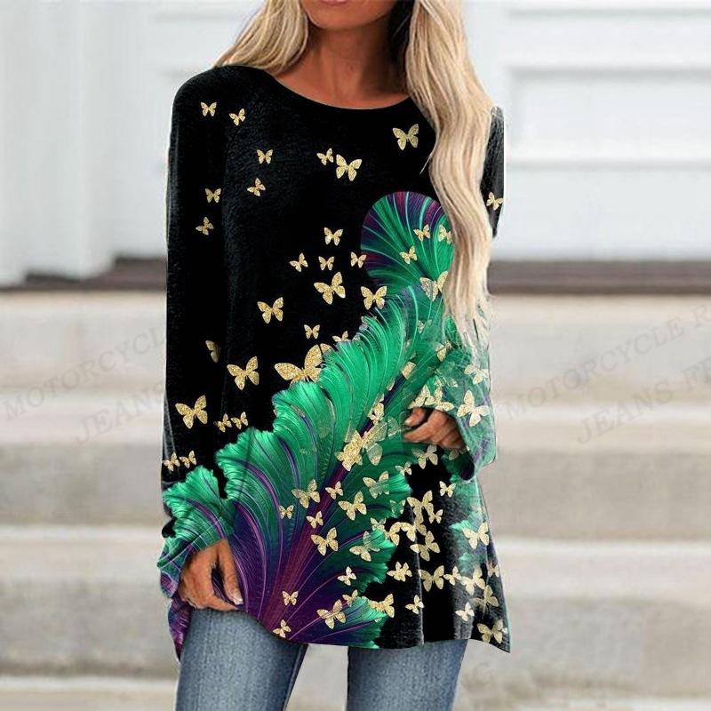 2023 Women's T-shirt Abstract Painting Print Tshirt Women Fashion T-shirt Plant Flowers T Shirt Long Sleeve Tops Tees Butterfly