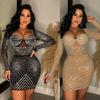 European and American Fashion Solid Color Mesh Diamond Long-Sleeve Short Skirt Dress