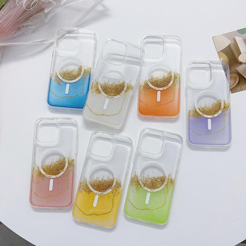 Чехол iPhone15ProMax/14pro/13/12 прозрачный TPU с клеем Quicksand Gold Foil на магнитной присоске