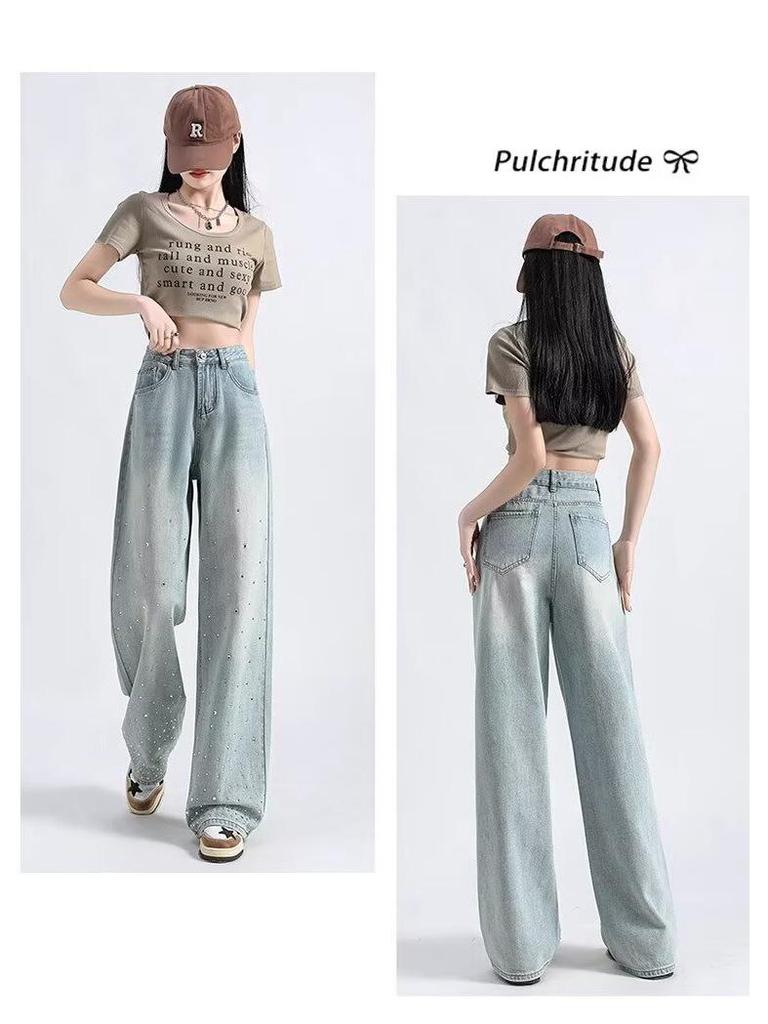 Весна и Осень 2025 Женские Джинсы с Высокой Посадкой, Светлые, Широкие от Бедра: Трендовые Универсальные Стройнящие Прямые Брюки с Дизайном Горячей Отделки.