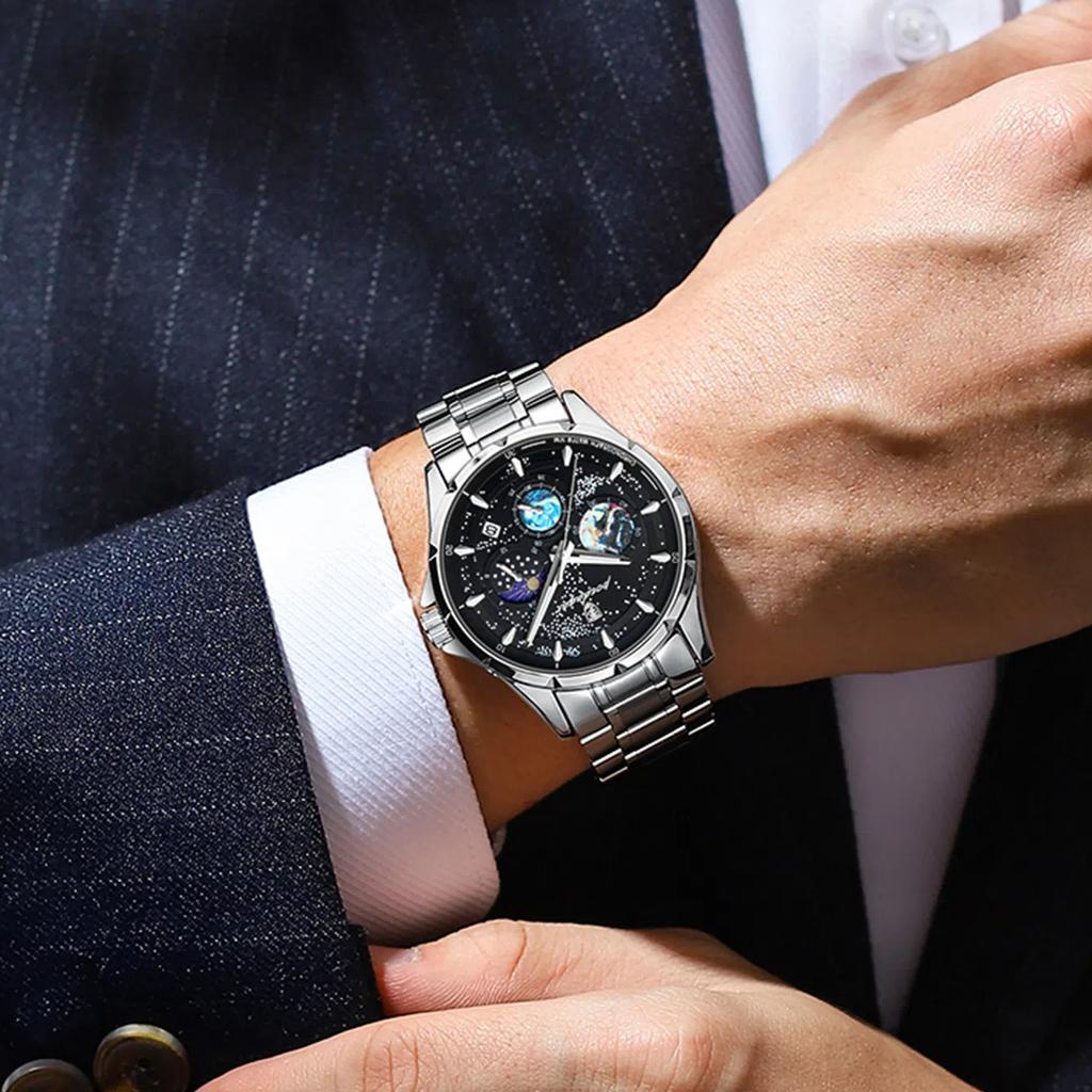 POEDAGAR Брендовые модные кварцевые часы Starry Sky Chronograph с ремешком из нержавеющей стали и кожи, водонепроницаемые, с подсветкой, мужские часы