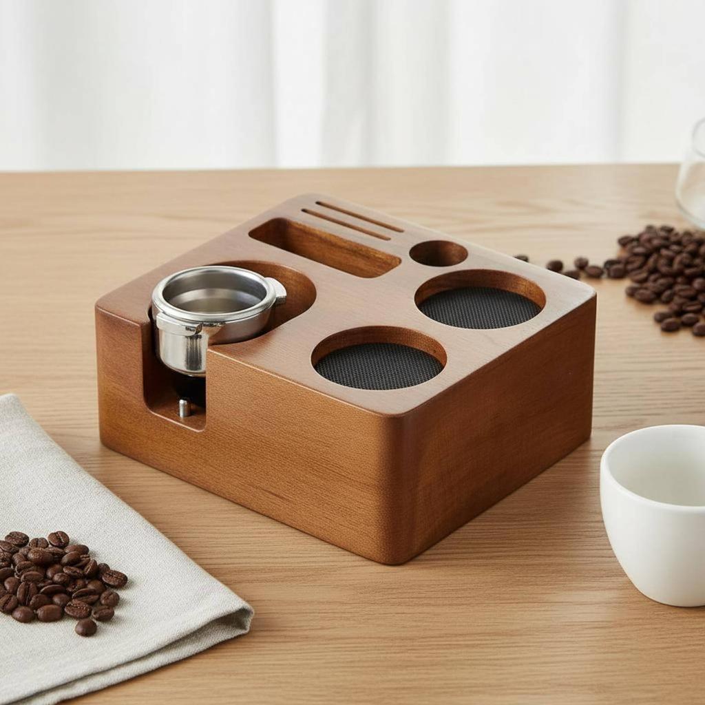 Wooden Espresso Tamping Station Multi-Functional Portafilter Stand Coffee Tamper Holder Anti-Slip Base for Cafe, Home Kitchen