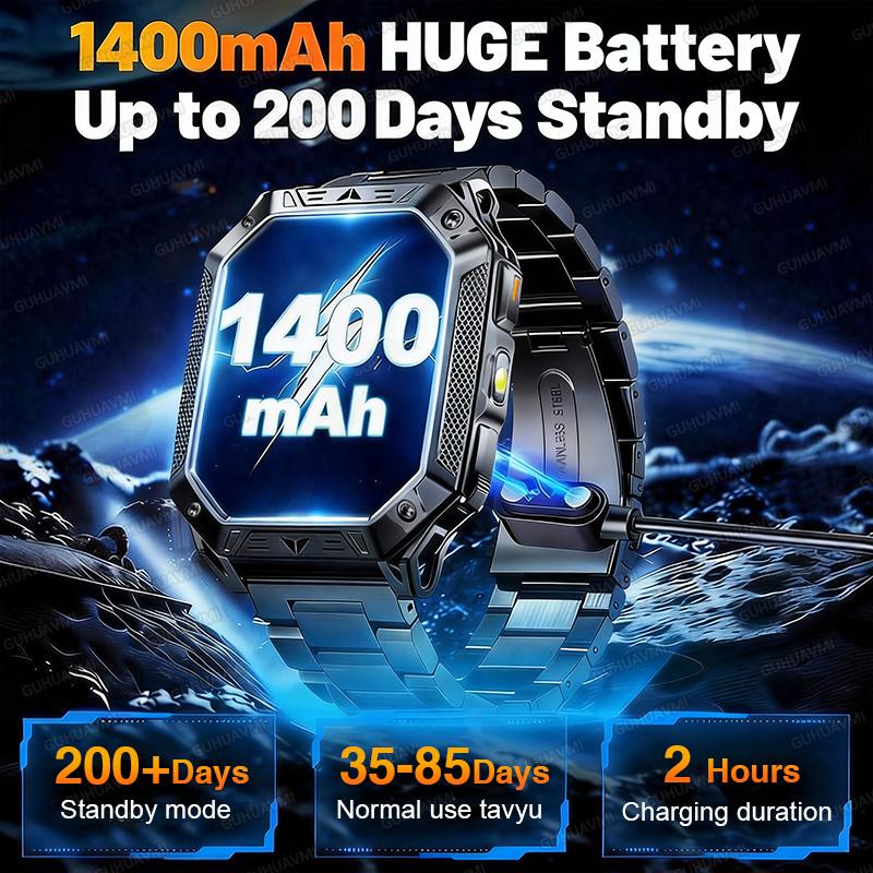 2026 Новые мужские улучшенные умные часы с аккумулятором 1400 мАч, GPS, пульсометром, фонариком, BT-звонками, водонепроницаемостью 10 АТМ, более 100 спортивных режимов, AMOLED HD