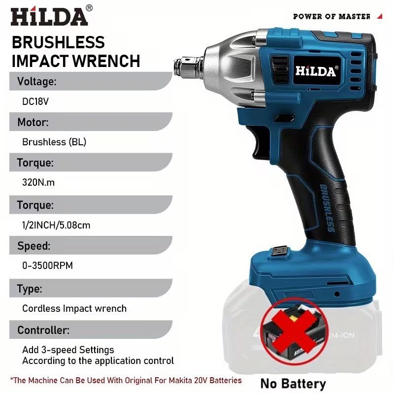 HILDA 18V Бесщеточный гайковерт со светодиодной подсветкой - Многофункциональный инструмент для авторемонта с высоким крутящим моментом.