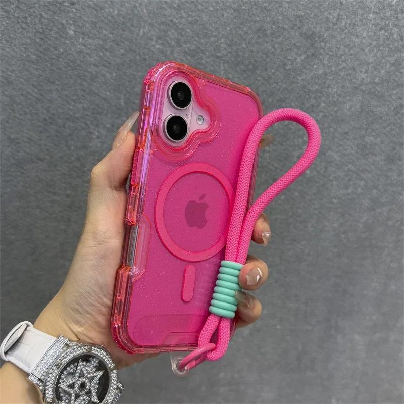 Блестящий чехол с ремешком-шнурком на запястье для For Iphone 16 1 14 Pro Max Plus 11 12 13, прозрачный, с магнитом