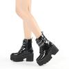 Leather Women Modern Boots Gothic Style Metal Bat Dark Black Platform Mid Calf Boots Chunky Heels Sexy Fashion High Heels