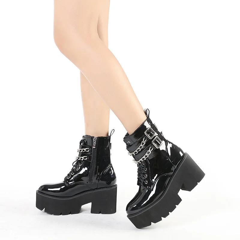 Leather Women Modern Boots Gothic Style Metal Bat Dark Black Platform Mid Calf Boots Chunky Heels Sexy Fashion High Heels