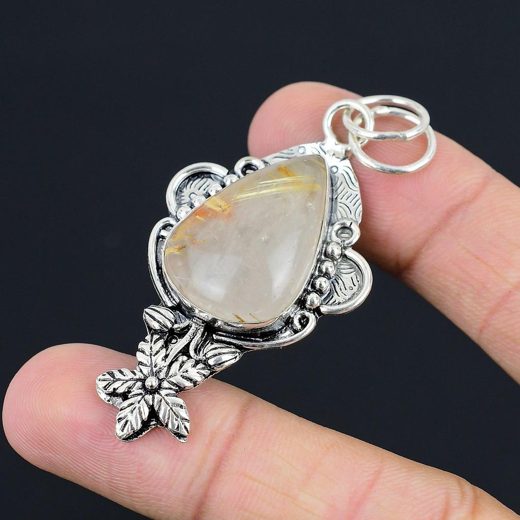 Sisters Day Sale Natural Golden Rutile 925 Sterling Silver Wife Flower Pendant