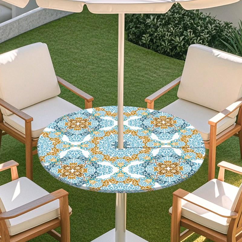 Outdoor Round Table Cover With Geometric Waterproof Elastic Edge Patio Garden Dining