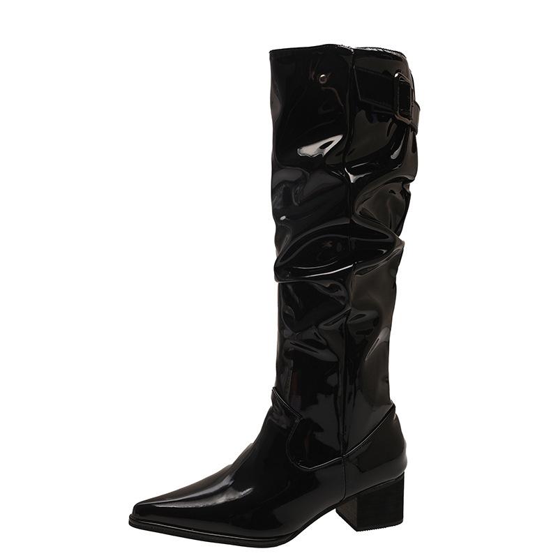 Популярный стиль большой обхват голенища ковбойские сапоги из коровьей кожи новые универсальные с острым носком с отделкой внахлест пряжка на ремне толстый каблук высокие сапоги женские