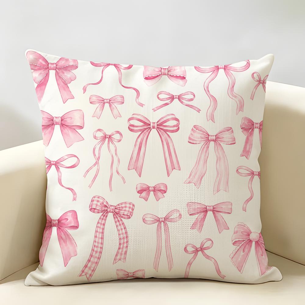 Pink Bow Cherry Pattern Cushion Cover Durable Hypoallergenic Organic Linen Pillow Cover Short Size Washable SkinFriendly