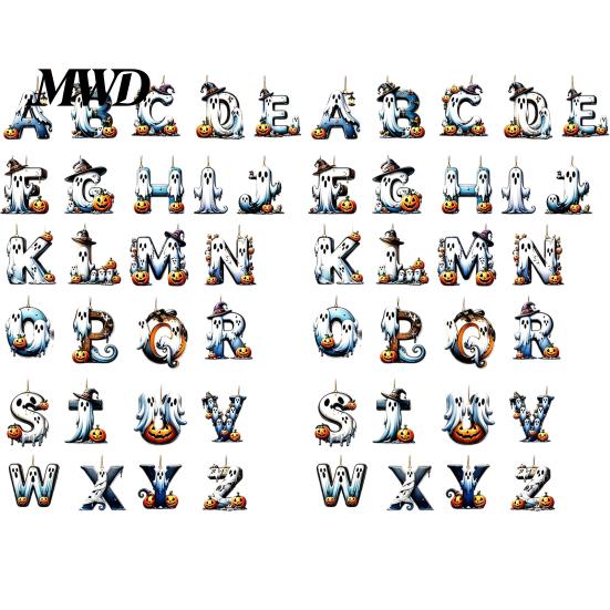 Creative Photo Prop Wall Decorations Halloween Letter Ornament, Spooky Hanging Wooden Alphabet Letters Pendant with Ghost Holiday Scenery for