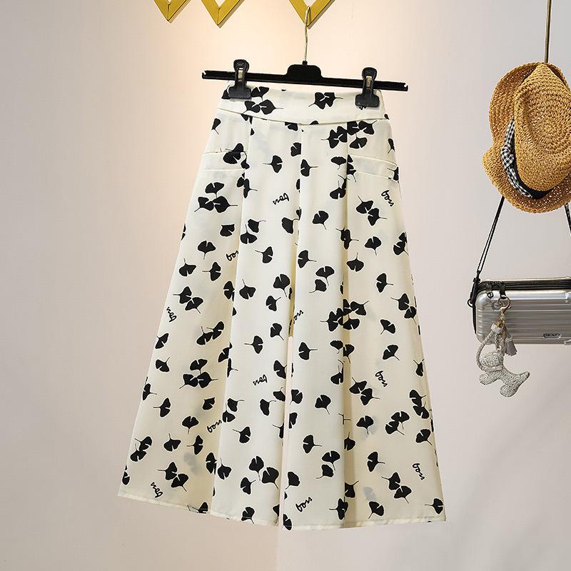 Свободные и тонкие шифоновые повседневные прямые брюки, юбка с цветочным узором, широкие брюки с семью точками, универсальные брюки