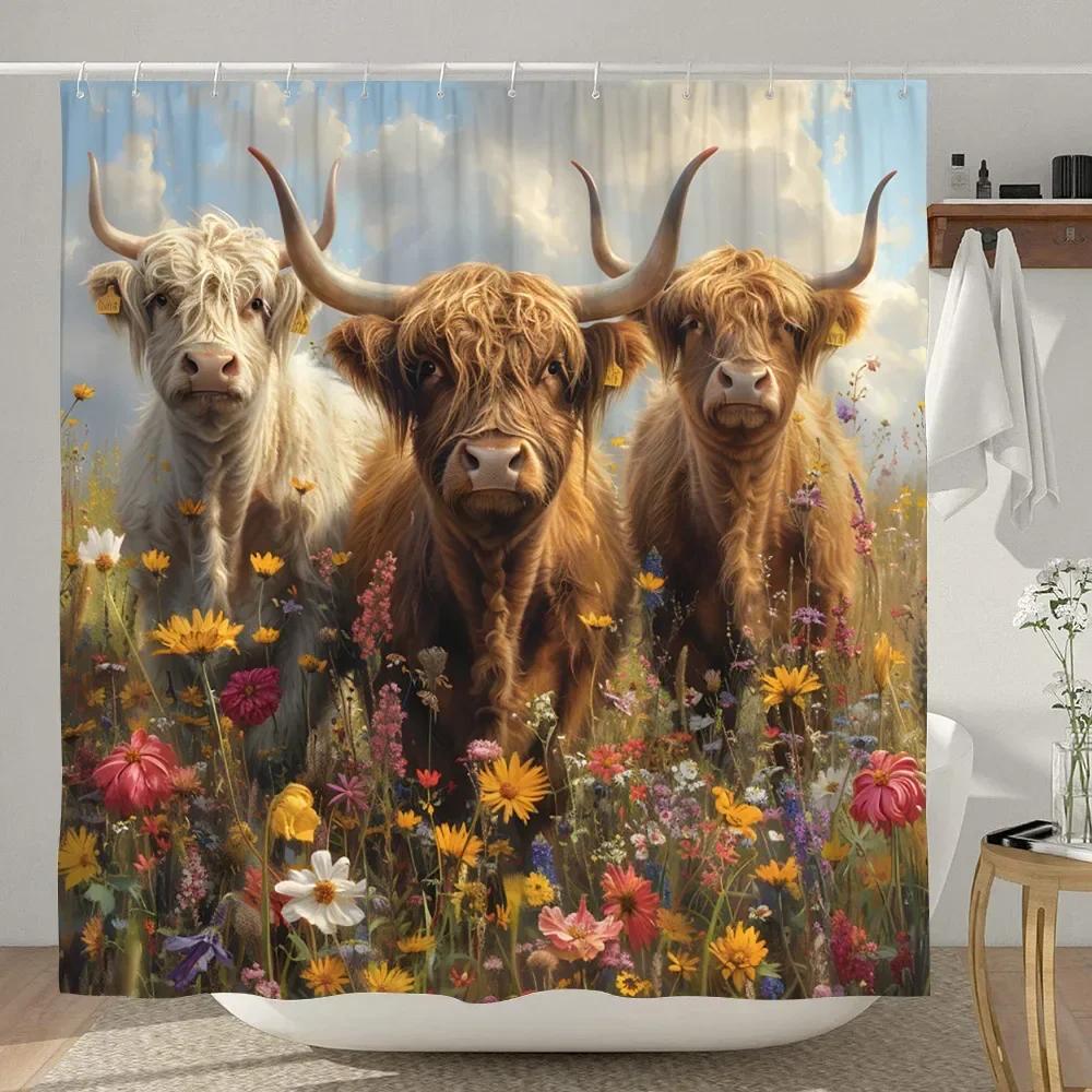 Смешная шторка для душа с хайлендской коровой, деревенская, с мультяшным животным, детская занавеска для ванной, полиэстеровая ткань, домашний декор для ванной
