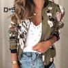 Fall Spring Lady Coat Floral Print Cardigan Zip-up Long Sleeves Elastic Cuff Stand Collar Cardigan Daily Wear Commuting Jacket