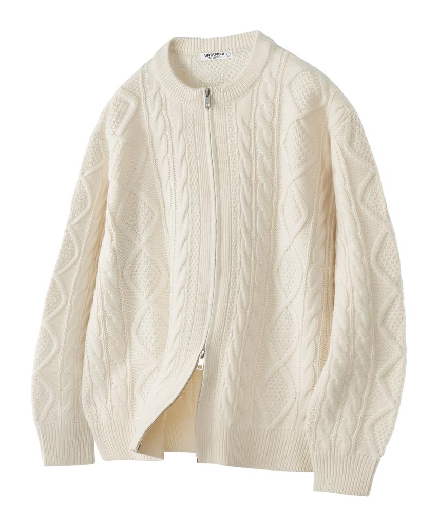 UNTAPPED STUDIO Oversized 2-Way Aran Cable Round Zip-Up Knit Cardigan 5 Colors