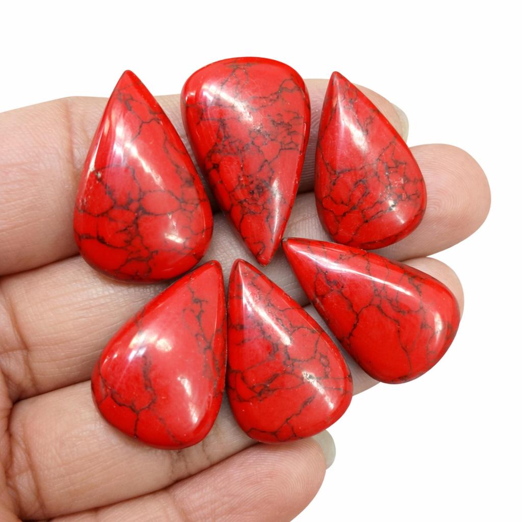Red Turquoise Pear Cabochons, Handmade Polished Gemstone Lot, Turquoise Stones for Jewelry Making Supplies