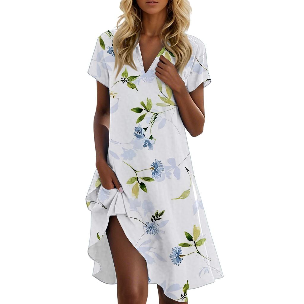 Women's Casual Fashion Stand Collar Floral Print Short Sleeve Dress