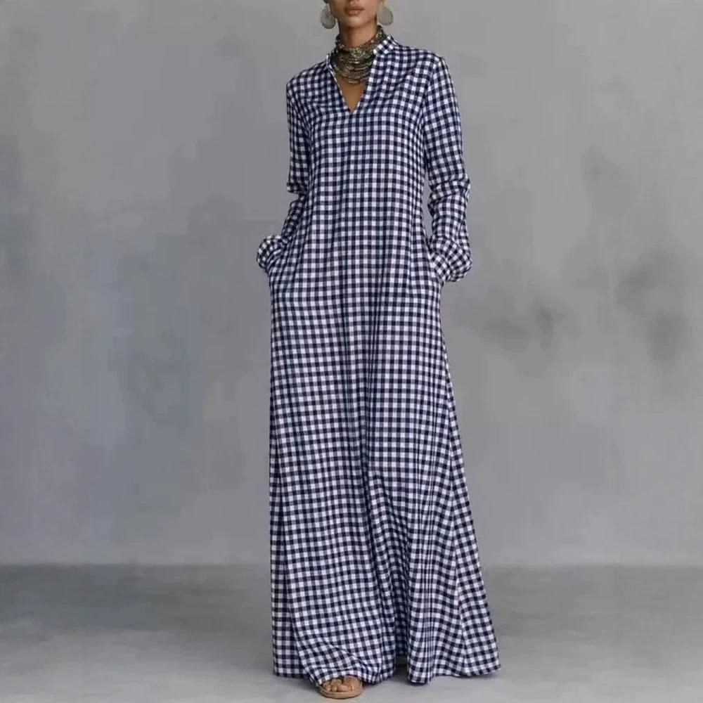 Spring and Autumn Fashion Women's Plaid Long Dress V-Neck Loose and Skinny Casual Long Sleeve Dress