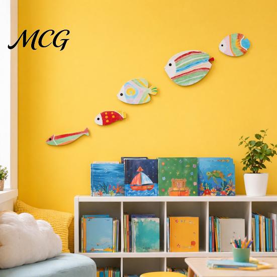 3D Fish Wall Stickers 5Pcs Wooden Decor, Rainbow Striped Tropical Ornaments with Macaron Color Decoration Embossed Texture, Lightweight Coastal