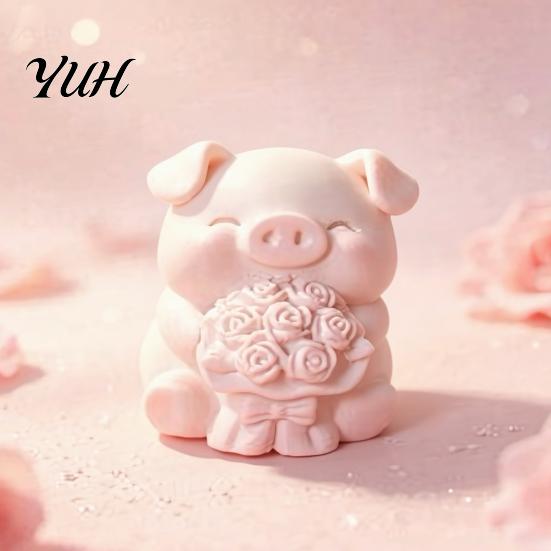 Room Aesthetic Accessories 3D Printed Pig Figurine with Flower Bouquet, Cute Piglet Desktop Bouquet Ornament Ornament, Creative And Statue for