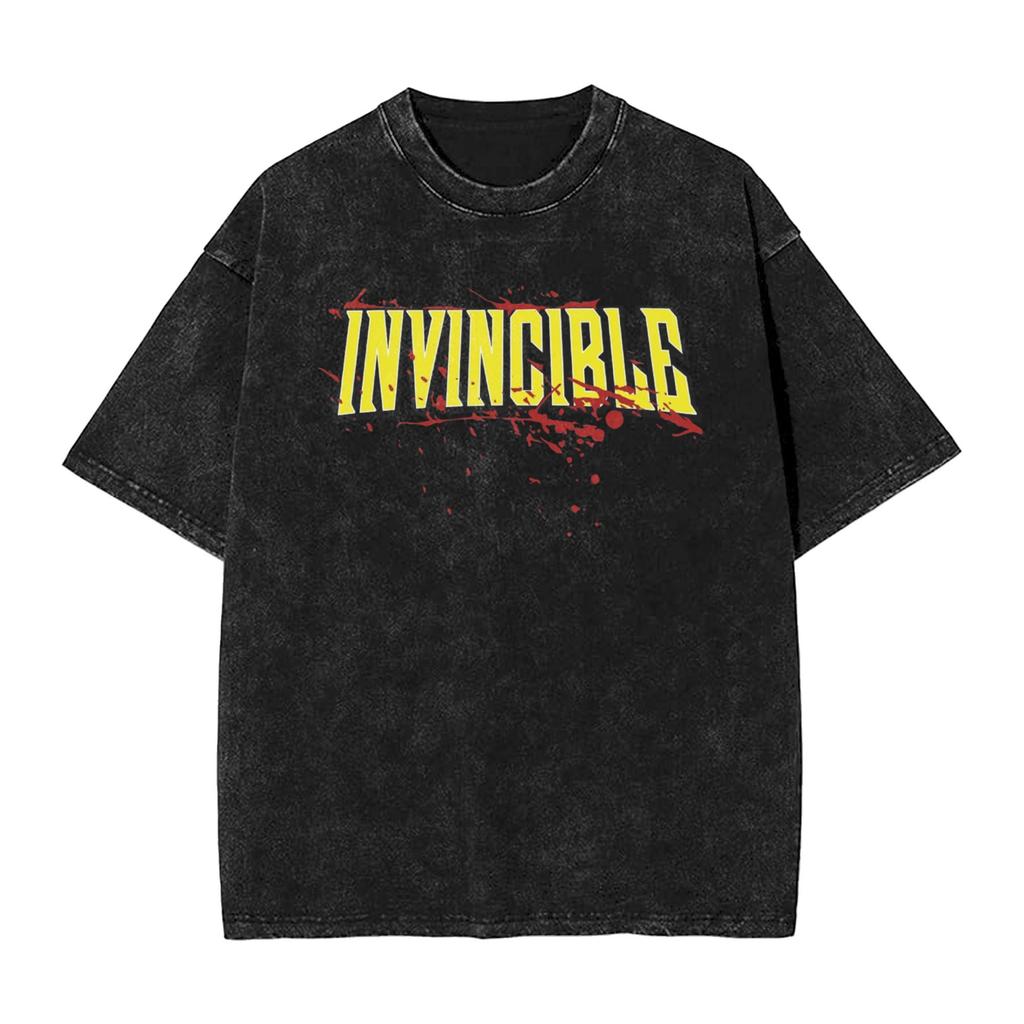 Vintage Washed Oversized TShirt InvincibleSuperhero Print Cotton Casual Short Sleeve Retro Streetwear Tee for Men Women
