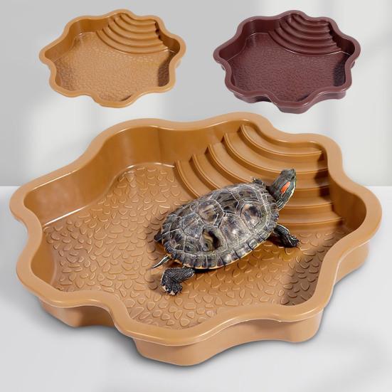 Reptile Bathing Pool Large Tortoise Feeding Dish Water Bowl with Ramp Aquarium Ornament for Lizard Gecko Snake Turtle Bearded Dragon